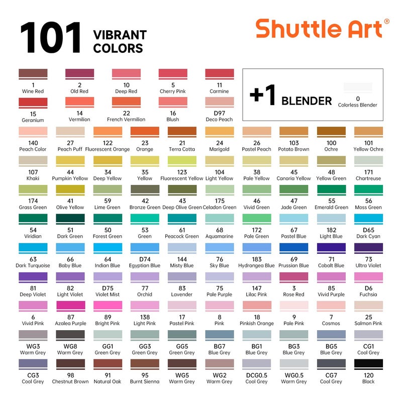 Shuttle Art 101 Colors Alcohol Markers, 100 Colors Dual Tip Art Marker Set Plus 1 Colorless Blender with Marker Case Perfect for Illustration Students Adult Coloring Sketching - Image 2