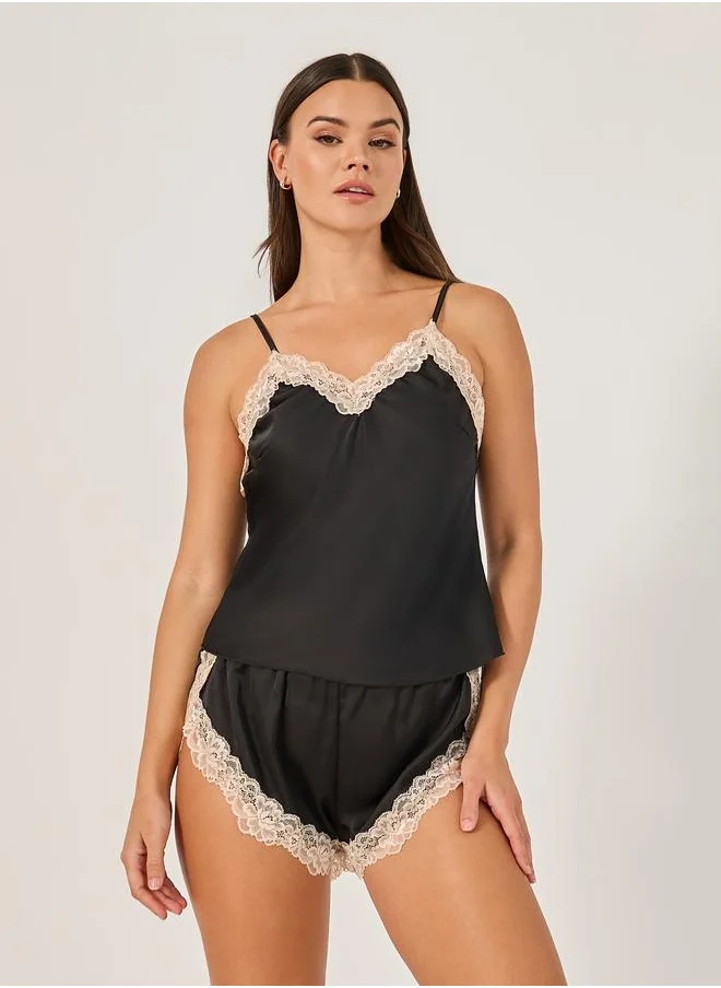 ستايلي Styli Satin Lace Trim Short Set