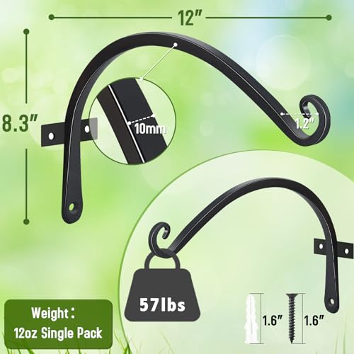 FEED GARDEN 2 Pack 12 Inch Hanging Plant Bracket Wall Hooks Decorative Plant Hangers for Outdoor Hanging Bird Feeders, Wind Chimes, Plant Baskets, Black - Image 2