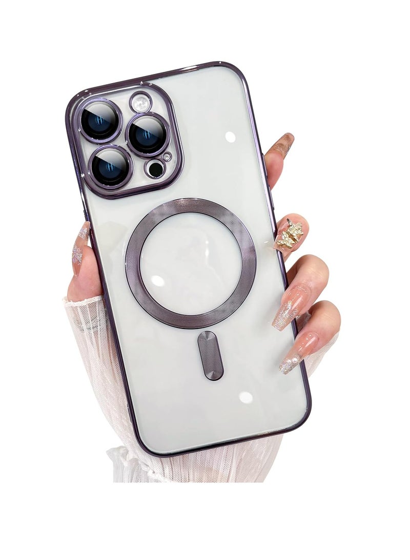 حافظة هاتف مغناطيسية شفافة لهاتف iPhone 16 Pro Max، تصميم حافة مضادة للانزلاق مطلية بالكريستال الشفاف [متوافقة مع شحن Magsafe] غطاء ناعم لحماية عدسة الكاميرا للنساء والرجال (أرجواني) - Image 1