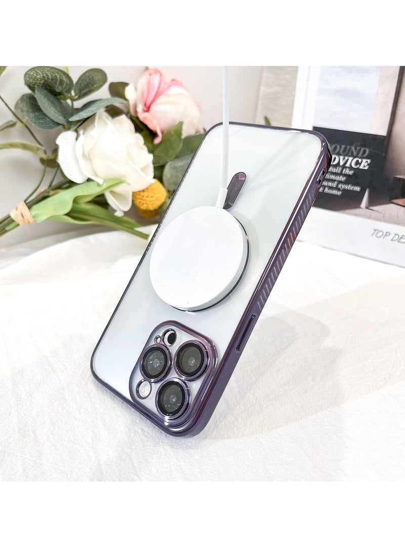 حافظة هاتف مغناطيسية شفافة لهاتف iPhone 16 Pro Max، تصميم حافة مضادة للانزلاق مطلية بالكريستال الشفاف [متوافقة مع شحن Magsafe] غطاء ناعم لحماية عدسة الكاميرا للنساء والرجال (أرجواني) - Image 3