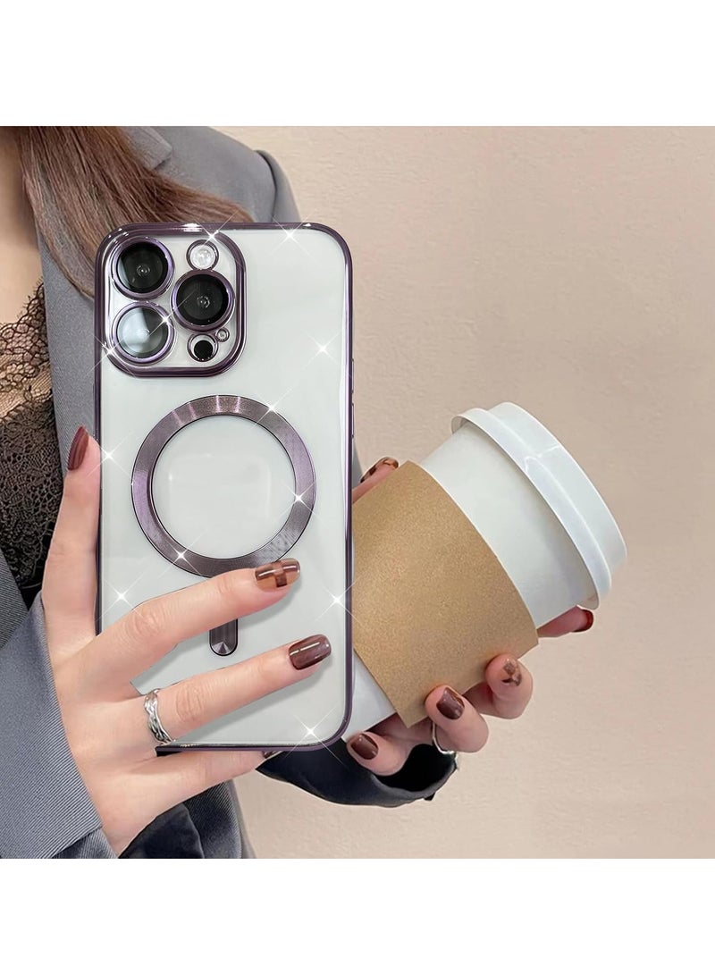 حافظة هاتف مغناطيسية شفافة لهاتف iPhone 16 Pro Max، تصميم حافة مضادة للانزلاق مطلية بالكريستال الشفاف [متوافقة مع شحن Magsafe] غطاء ناعم لحماية عدسة الكاميرا للنساء والرجال (أرجواني) - Image 5