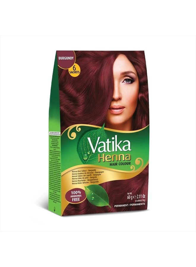 Dabur صبغة شعر فاتيكا بالحناء - صبغة شعر بالحناء، صبغة شعر بالحناء وبلسم، حناء خالية من الأمونيا لشعر قوي ولامع، تغطية 100% للشعر الرمادي، 6 أكياس × 10 جرام (بورجوندي) - Image 1