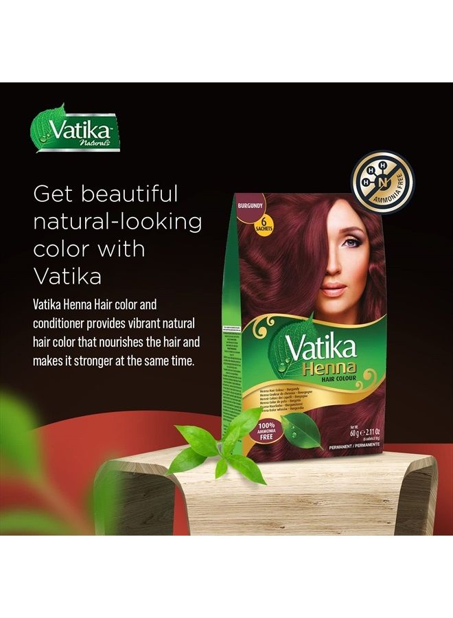 Dabur صبغة شعر فاتيكا بالحناء - صبغة شعر بالحناء، صبغة شعر بالحناء وبلسم، حناء خالية من الأمونيا لشعر قوي ولامع، تغطية 100% للشعر الرمادي، 6 أكياس × 10 جرام (بورجوندي) - Image 2