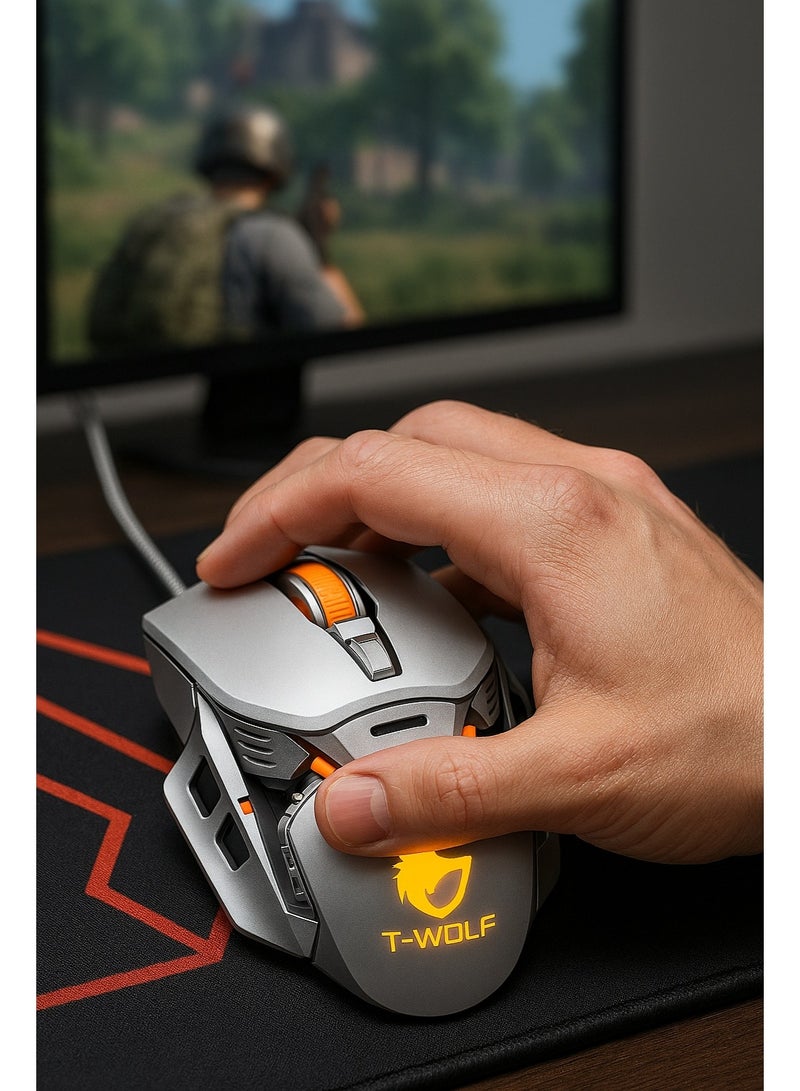T-WOLF G530 Mechanical Gaming Mouse - Seven-Color Breathing Lighting - Ergonomic Design - 6400DPI Resolution - Button Lifespan Up to 30 Million Clicks - Silver - Image 5
