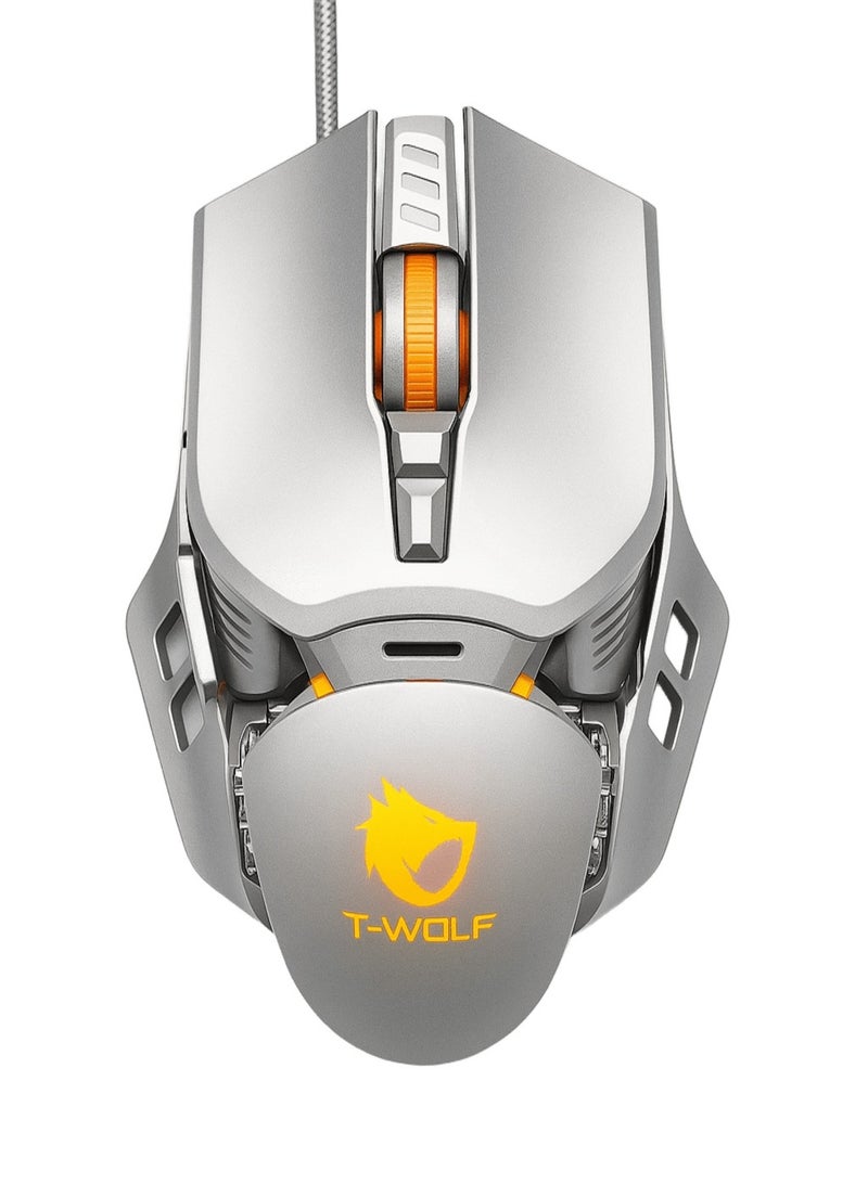 T-WOLF G530 Mechanical Gaming Mouse - Seven-Color Breathing Lighting - Ergonomic Design - 6400DPI Resolution - Button Lifespan Up to 30 Million Clicks - Silver - Image 1