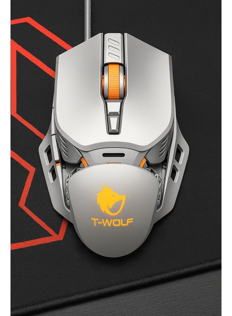 T-WOLF G530 Mechanical Gaming Mouse - Seven-Color Breathing Lighting - Ergonomic Design - 6400DPI Resolution - Button Lifespan Up to 30 Million Clicks - Silver - Image 3
