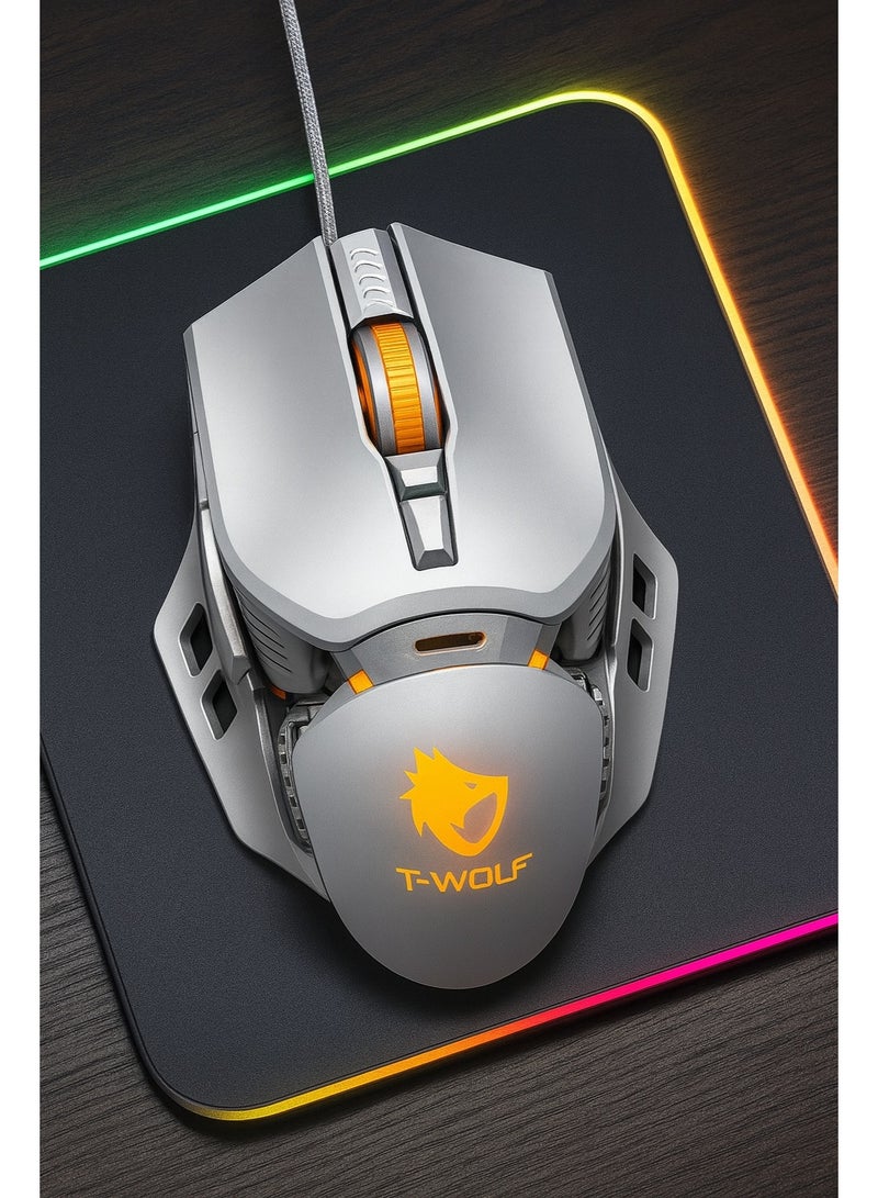 T-WOLF G530 Mechanical Gaming Mouse - Seven-Color Breathing Lighting - Ergonomic Design - 6400DPI Resolution - Button Lifespan Up to 30 Million Clicks - Silver - Image 4