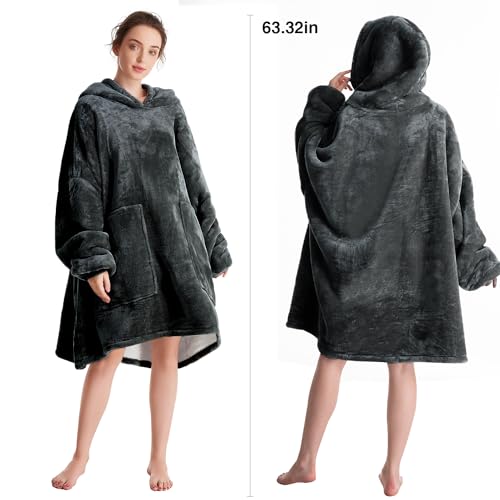 Aemicion Oversized Hoodie Blanket for Adults, Sherpa Fleece Wearable Blanket with Pocket, One Size Cozy Warm Throw for Men Women, Grey - Image 2