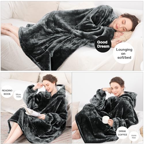 Aemicion Oversized Hoodie Blanket for Adults, Sherpa Fleece Wearable Blanket with Pocket, One Size Cozy Warm Throw for Men Women, Grey - Image 4