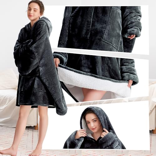 Aemicion Oversized Hoodie Blanket for Adults, Sherpa Fleece Wearable Blanket with Pocket, One Size Cozy Warm Throw for Men Women, Grey - Image 3