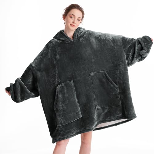 Aemicion Oversized Hoodie Blanket for Adults, Sherpa Fleece Wearable Blanket with Pocket, One Size Cozy Warm Throw for Men Women, Grey - Image 1