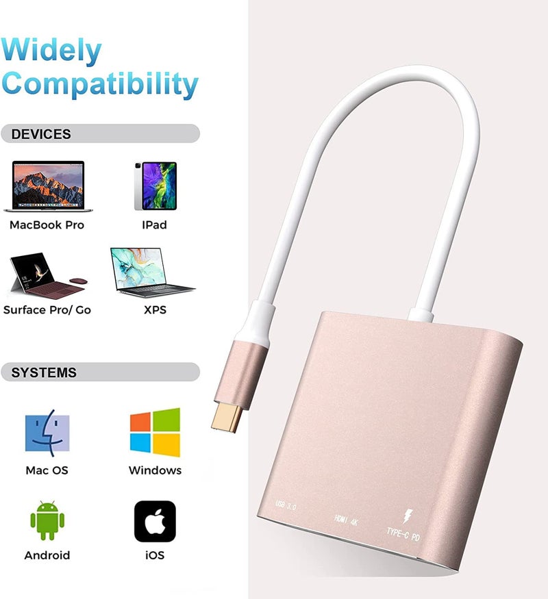 Battony Rose Gold USB C to HDTV Adapter Type-C Multiport AV Converter with 4K HDTV Output USD3.0 & USBC 100W Fasting Charging Compatible for MacBook/Mac Pro Air iPad Pro and More USB-C Port Device - Image 3