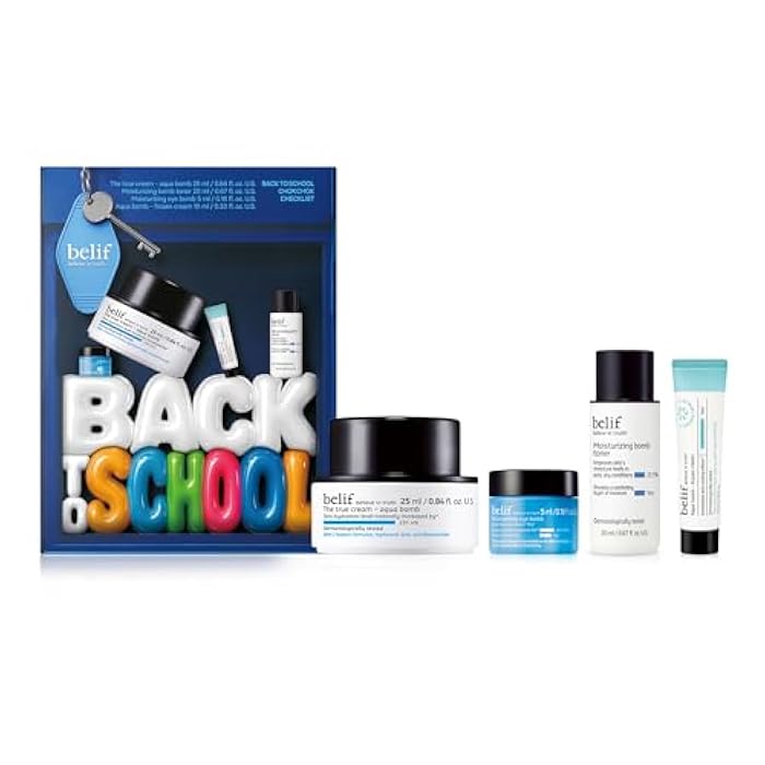 belif Aqua Bomb Back to School Skincare Set: Korean Skincare Set with Aqua Bomb Moisturizer, Peptide Eye Bomb cream, Frozen Cream, 4-Step Skincare for All Skin Types - Image 1