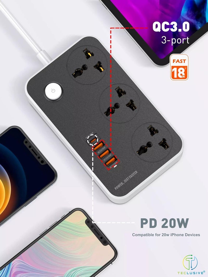 T TECLUSIVE 2500W Power Strip 220 Volts Extension Board with 38W Type C USB Ports 100250V 3 Power Sockets with 20W Type C PD QC Fast USB Port Multi Port Extension with USB Port 2M Power Cord - Image 4