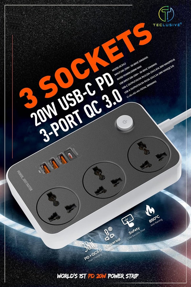 T TECLUSIVE 2500W Power Strip 220 Volts Extension Board with 38W Type C USB Ports 100250V 3 Power Sockets with 20W Type C PD QC Fast USB Port Multi Port Extension with USB Port 2M Power Cord - Image 2