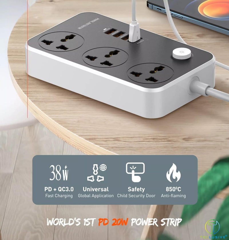 T TECLUSIVE 2500W Power Strip 220 Volts Extension Board with 38W Type C USB Ports 100250V 3 Power Sockets with 20W Type C PD QC Fast USB Port Multi Port Extension with USB Port 2M Power Cord - Image 5