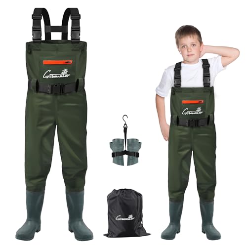 GREENWATER Kids Chest Waders Youth Fishing Waders with Boots Waterproof for Children Boys Girls Hanger Bag Included GREEN 67Y - Image 1