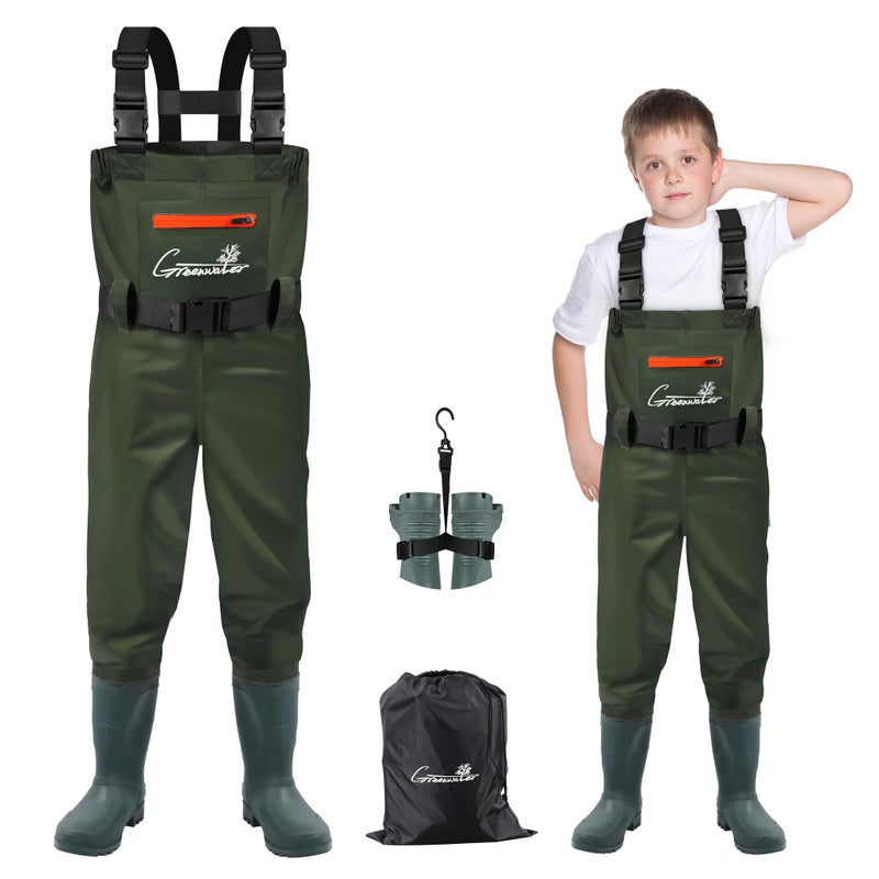 GREENWATER Kids Chest Waders Youth Fishing Waders with Boots Waterproof for Children Boys Girls Hanger Bag Included GREEN 67Y - Image 2
