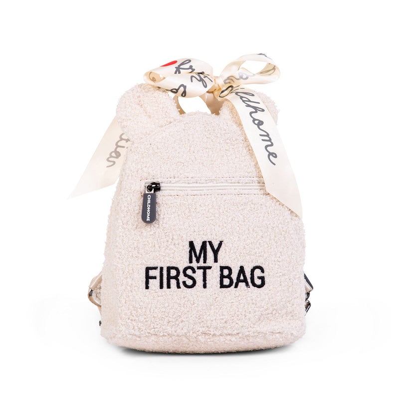 CHILDHOME Childhome My First Bag Cute Kids Backpack Simple Modern Mini Bookbag for Toddler Adjustable Straps Easy Grip Zipper Teddy Off White 