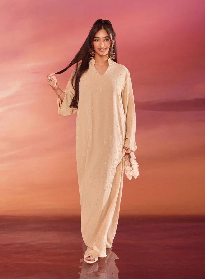 Amirah  Women Crystal Embellished Jalabiya with Stand Collar for Women | Best Price UAE