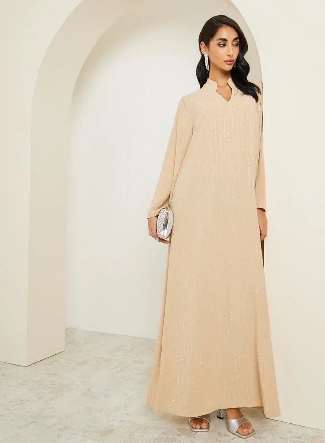 Amirah  Women Crystal Embellished Jalabiya with Stand Collar for Women | Best Price UAE