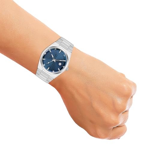Acnos Minimalist Blue Round Dial Analog Watch for Men – Slim Case Design with Day & Date Display, Stainless Steel Strap - Image 4