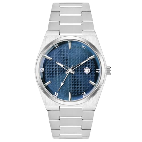 Acnos Minimalist Blue Round Dial Analog Watch for Men – Slim Case Design with Day & Date Display, Stainless Steel Strap - Image 1