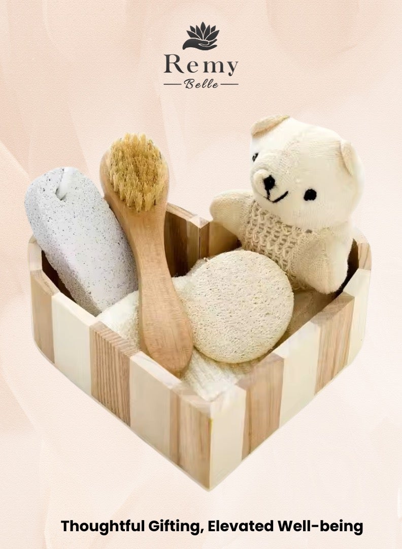 ريمي بيلا طقم هدايا استحمام خشبي 5 قطع بصندوق على شكل قلب، يشمل فرشاة اللوفة ومشط، مثالي لتجربة سبا منزلية أو كهدية مميزة - Image 1