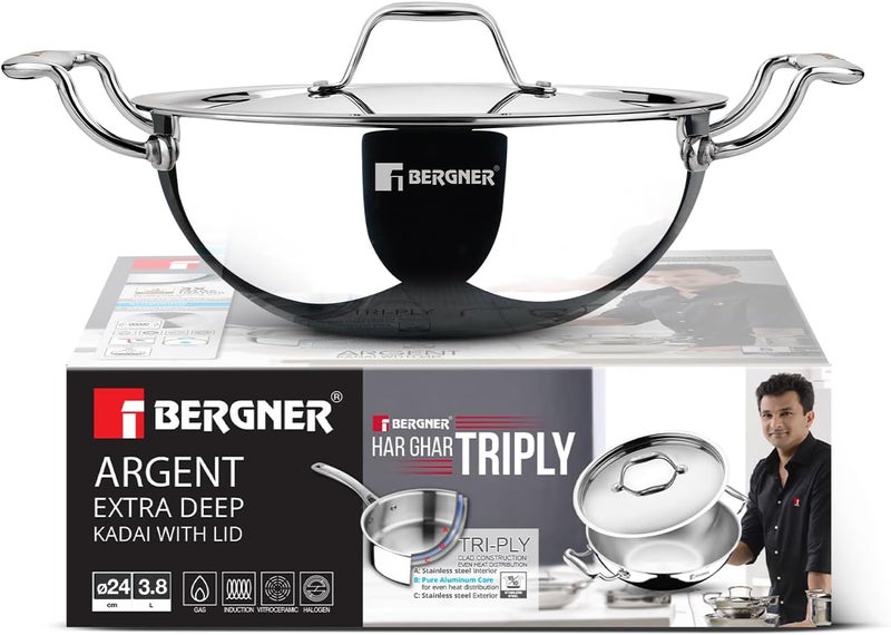 Bergner Argent 24cm (3.8L) Tri-Ply Stainless Steel Deep Stir-Fry Pan, Multipurpose Curry Pan with Lid, Less Oil Use Healthy Cooking, Food Safe, Stay-Cool Handles, Induction & Gas Stove Compatible - Image 1
