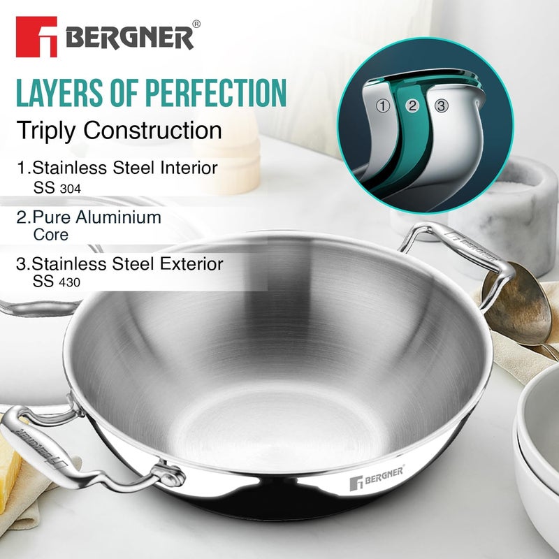 Bergner Argent 24cm (3.8L) Tri-Ply Stainless Steel Deep Stir-Fry Pan, Multipurpose Curry Pan with Lid, Less Oil Use Healthy Cooking, Food Safe, Stay-Cool Handles, Induction & Gas Stove Compatible - Image 5