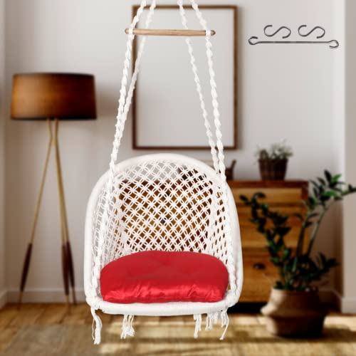 Patiofy أرجوحة باتيوفي للكبار/كرسي أرجوحة قطنية على شكل D/جولا للكبار/أرجوحة خشبية لغرفة المعيشة/أرجوحة للشرفة/كرسي أرجوحة للكبار للمنزل/يشمل عدة تعليق ووسادة حمراء (أبيض) - Image 1