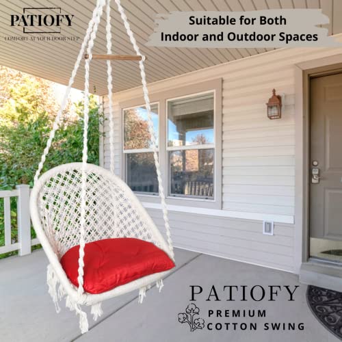 Patiofy أرجوحة باتيوفي للكبار/كرسي أرجوحة قطنية على شكل D/جولا للكبار/أرجوحة خشبية لغرفة المعيشة/أرجوحة للشرفة/كرسي أرجوحة للكبار للمنزل/يشمل عدة تعليق ووسادة حمراء (أبيض) - Image 5