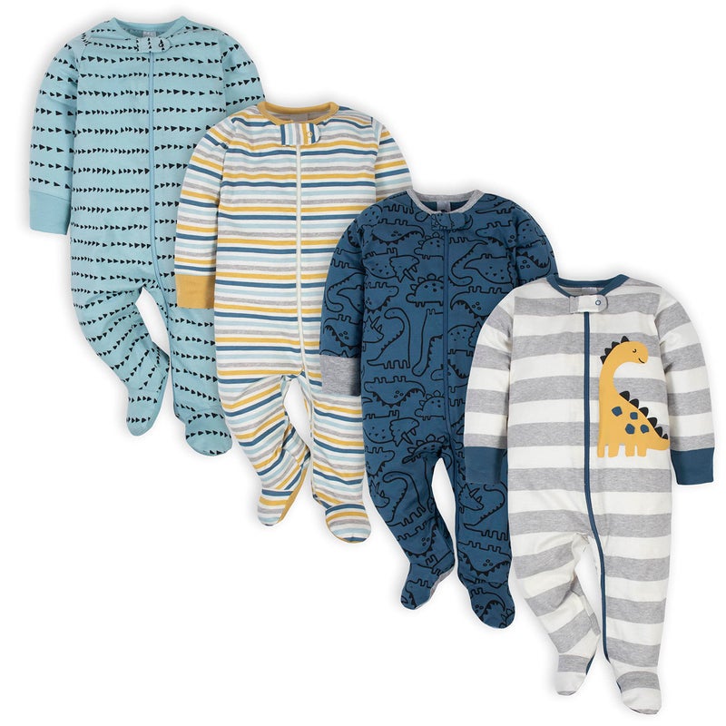 Gerber Baby Boys' 4 Pack Sleep 'N Play Footie, Dinosaur Blue, Newborn - Image 1
