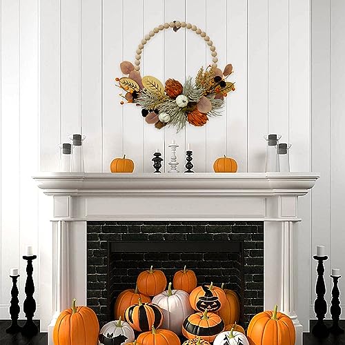 TEMPUS 16" Artificial Fall Wooden Beads Wreath with Leaves, Chrysanthemums & Mini Pumpkins - Handcrafted Harvest Decor for Front Door, Wall, Farmhouse (Indoor/Outdoor Use) - Image 5