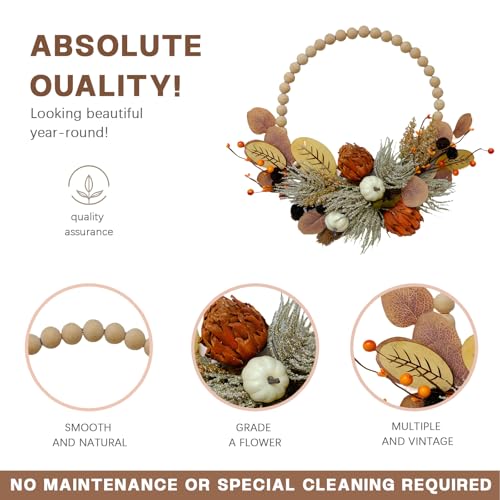 TEMPUS 16" Artificial Fall Wooden Beads Wreath with Leaves, Chrysanthemums & Mini Pumpkins - Handcrafted Harvest Decor for Front Door, Wall, Farmhouse (Indoor/Outdoor Use) - Image 2