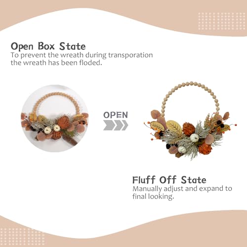 TEMPUS 16" Artificial Fall Wooden Beads Wreath with Leaves, Chrysanthemums & Mini Pumpkins - Handcrafted Harvest Decor for Front Door, Wall, Farmhouse (Indoor/Outdoor Use) - Image 4