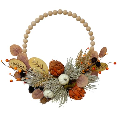 TEMPUS 16" Artificial Fall Wooden Beads Wreath with Leaves, Chrysanthemums & Mini Pumpkins - Handcrafted Harvest Decor for Front Door, Wall, Farmhouse (Indoor/Outdoor Use) - Image 1