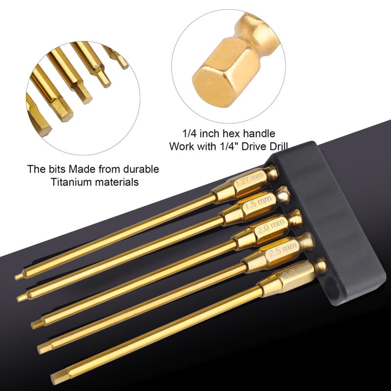 Hobbyfire Titanium 1/4" Drive RC Hex Driver Bit Set 1.27mm 1.5mm 2.0mm 2.5mm 3.0mm Allen Wrench Keys Compatible with Electric Drills Impact Drill (5-Pack) - Image 3