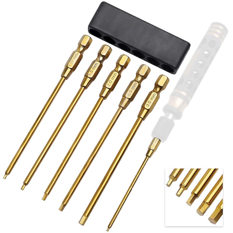Hobbyfire Titanium 1/4" Drive RC Hex Driver Bit Set 1.27mm 1.5mm 2.0mm 2.5mm 3.0mm Allen Wrench Keys Compatible with Electric Drills Impact Drill (5-Pack) - Image 1