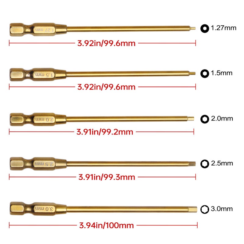 Hobbyfire Titanium 1/4" Drive RC Hex Driver Bit Set 1.27mm 1.5mm 2.0mm 2.5mm 3.0mm Allen Wrench Keys Compatible with Electric Drills Impact Drill (5-Pack) - Image 2