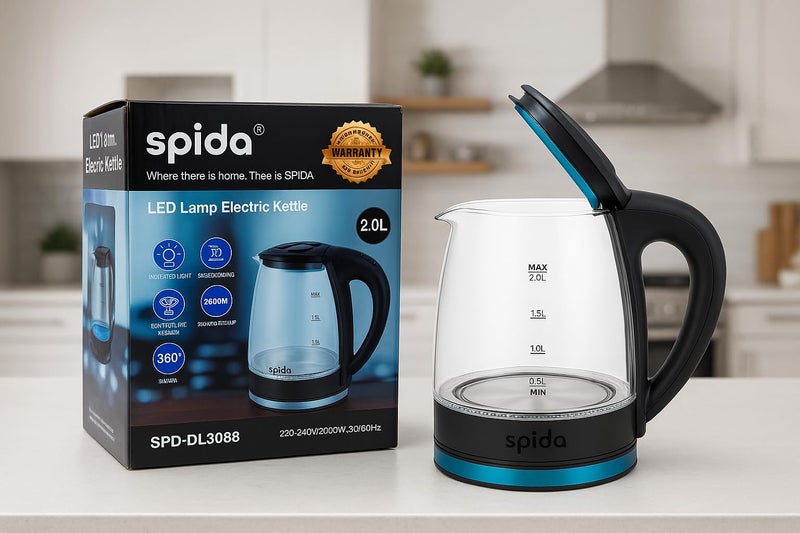Spida SPD-DL3088 2L 2000W Electric Kettle – Glass Body with LED Light – Stylish and safe design with visible boiling. - Image 2