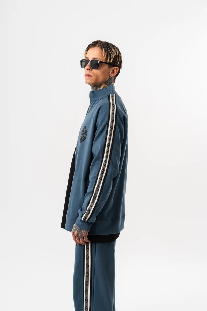 ريسباير سويت شيرت رجالي بقبة واقفة مخططة مزدوج الوجه بسحاب مقاس كبير لون بترولي