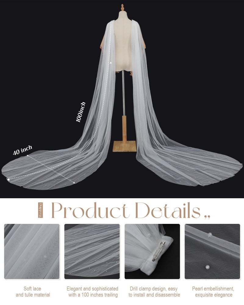 Chuarry Wedding Bridal Cape Detachable Sleeve Pearl Tulle Shawl Shoulder Capelet Veil Cloak Rhinestone Pin for Formal Dress - Image 2