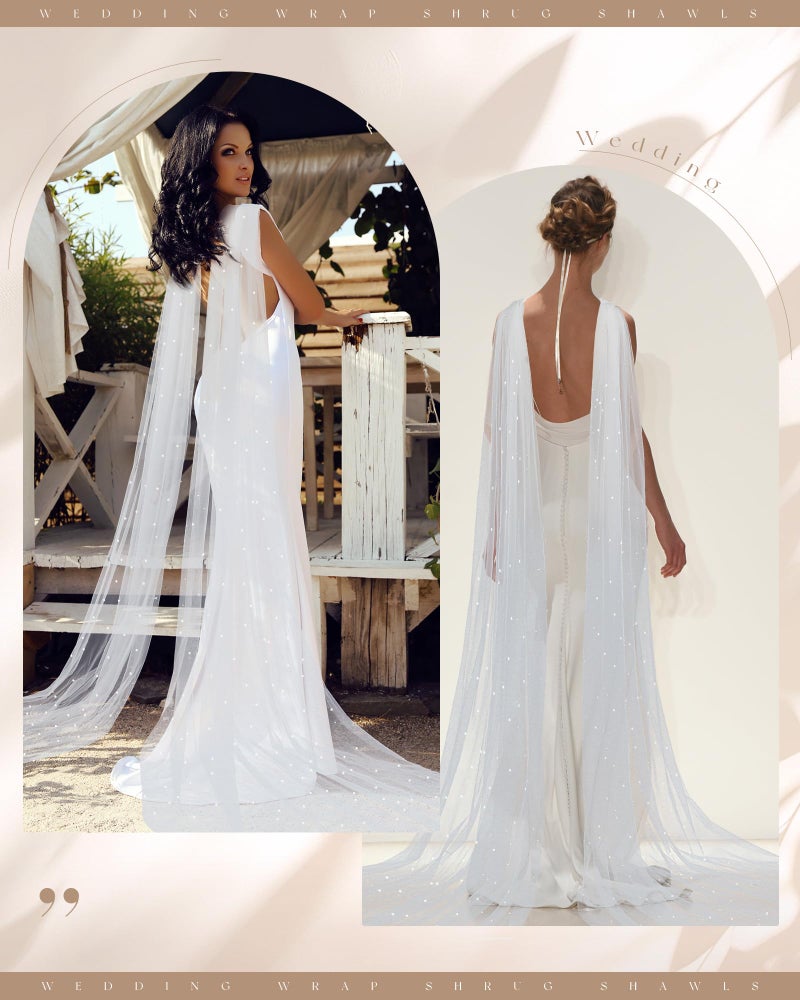 Chuarry Wedding Bridal Cape Detachable Sleeve Pearl Tulle Shawl Shoulder Capelet Veil Cloak Rhinestone Pin for Formal Dress - Image 3
