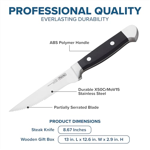 Viking Steak Knife Set, 8 Piece Stainless Steel Kitchen Knives Set with ABS Polymer Handles, Includes Wooden Gift Box, Hand Wash Only, Black - Image 4