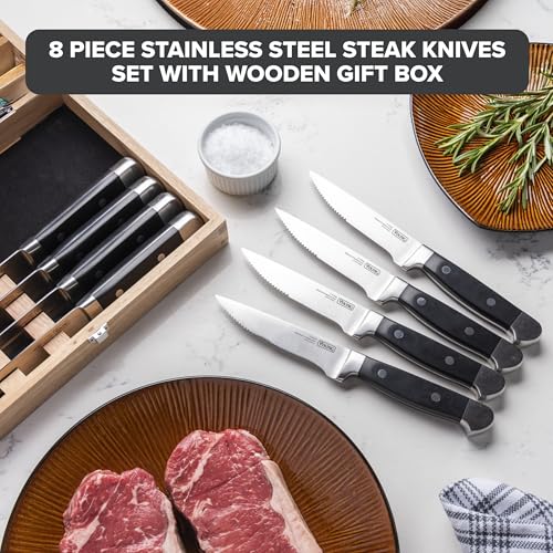 Viking Steak Knife Set, 8 Piece Stainless Steel Kitchen Knives Set with ABS Polymer Handles, Includes Wooden Gift Box, Hand Wash Only, Black - Image 2