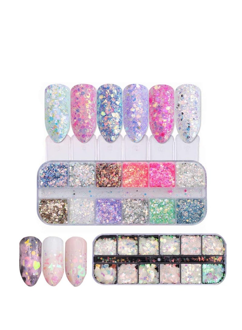 Excefore Heart Nail Sequins,3D Valentine’s Day Nail Art Stickers Decals Black Pink Love Heart Rabbit Butterfly Nail Glitter Flakes Sparkle for Nail Art Supplies, Women Nail Art Decoration 2 Box/24 Grids - Image 1