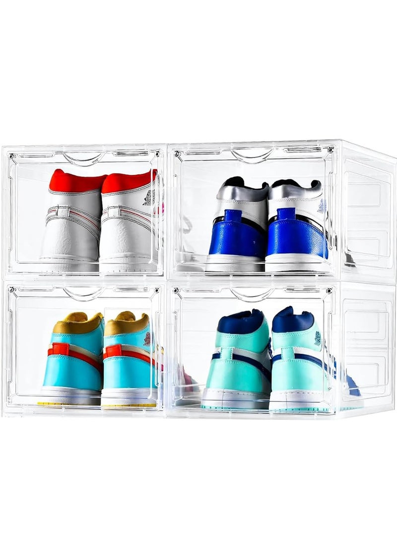 BananaHome 4 Pack Acrylic Clear Shoe Storage Organizer with Magnetic Door, Stackable Boxes for Closet, Foldable Space-Saving Shoe Rack, Sneaker Storage, Shoe Display Case (Clear, 4pack) 