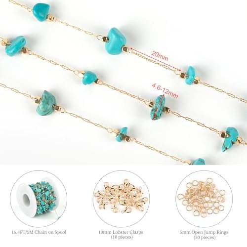 KYUNHOO 16.4 Feet/5M Gold Plated Chains for Jewelry Making Turquoise Blue Natural Stone Chain Spool Brass Necklace Jewelry Bulk for Bracelet Ankle Crafting Finding Supplies - Image 2